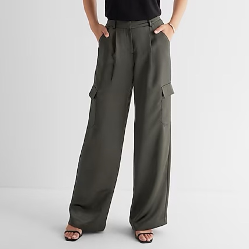 Express Satin High Waisted Cargo Pants 10 Long Olive Green Silk Trousers